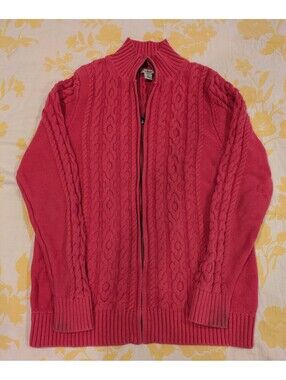 Vintage L.L. Bean Cableknit Fisherman Style Zip Up Sweater, Mock Neck